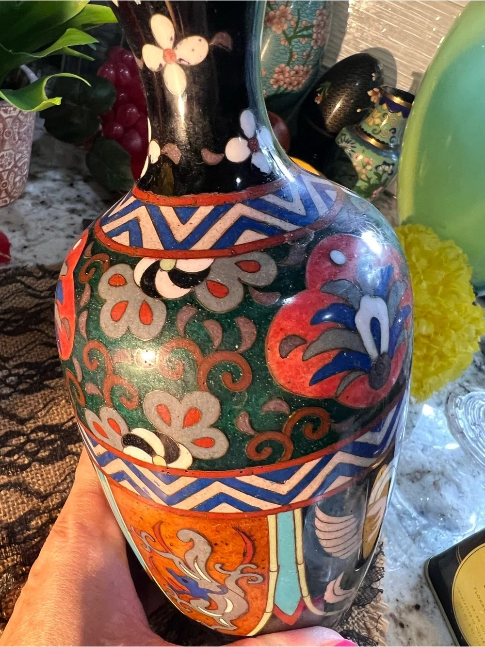 Antique Black Green Orange Cloisonné Vase no flaws